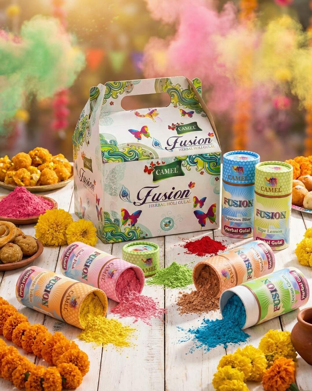 Fusion Herbal Gift Pack - Gulal | Camel | Luxurious Holi Color Set with Skin-Friendly Herbal Gulal for Gifting & Celebrations | Natural, Safe & Eco-Friendly Holi Gift Box | 6 pce in box 2 Fusion Herbal Gift Pack - Gulal | Camel | Luxurious Holi Color Set with Skin-Friendly Herbal Gulal for Gifting & Celebrations | Natural, Safe & Eco-Friendly Holi Gift Box | 6 pce in box - Image 2