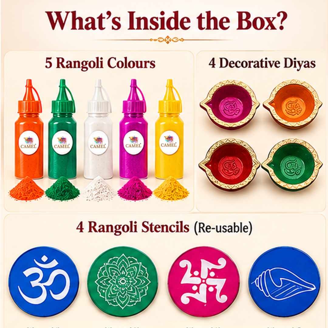 Camel Flora Gift Pack Rangoli Kit – Special Diwali Edition with Diyas, Rangoli Colours and Rangoli Stencils | Decorative Rangoli Powder Set for Diwali Gifts, Festive Celebrations & Corporate Gifting 3 Camel Flora Gift Pack Rangoli Kit – Special Diwali Edition with Diyas, Rangoli Colours and Rangoli Stencils | Decorative Rangoli Powder Set for Diwali Gifts, Festive Celebrations & Corporate Gifting - Image 3